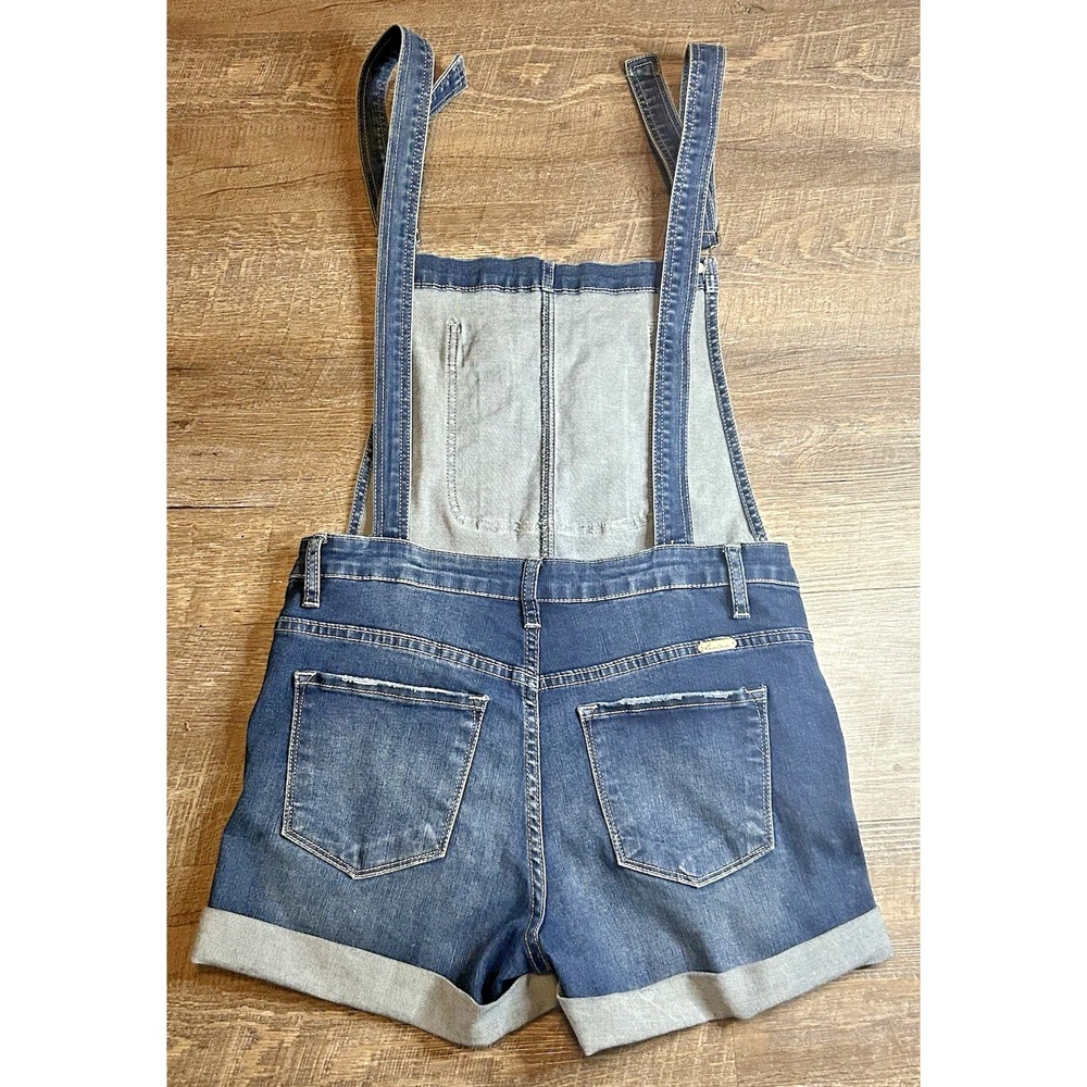 KanCan Women's Sz M Blue Denim Distressed Overall Shorts Romper Stretch Pockets - Picture 2 of 14